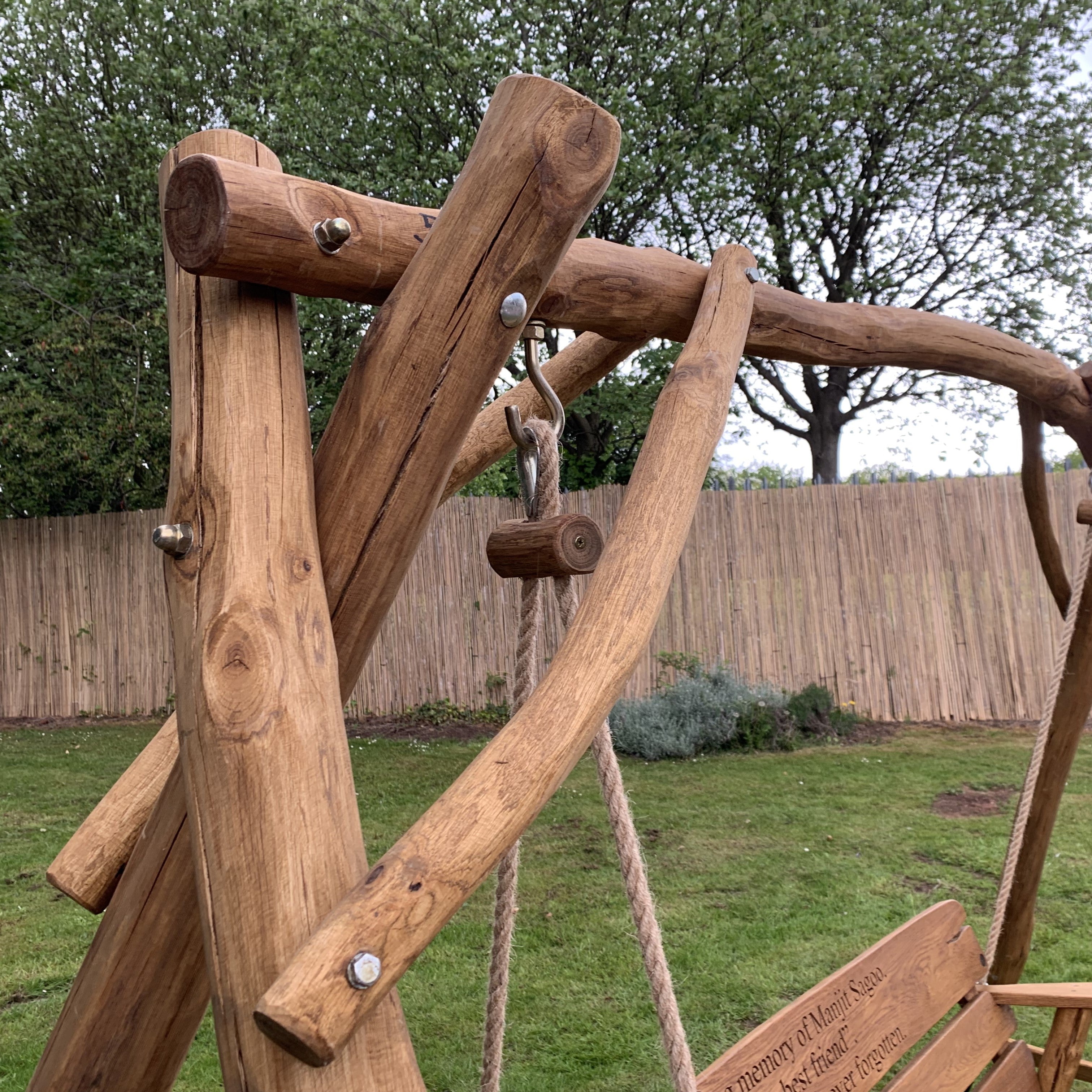 Rustic Oak 3 Seater Memorial Swing Seat with Carved Inscription 4Memorial Benches 4memorialbench